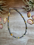 Bumblebee jasper and sterling silver pearl necklace with yellow gold grey stones and 5mm pearls by The Bijoux FAB.