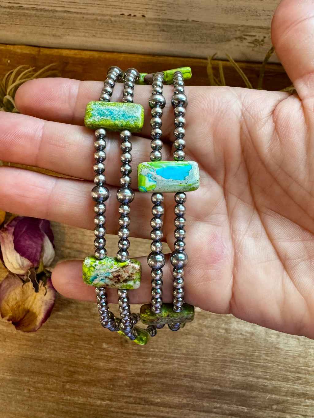 Green and blue variscite turquoise double strand necklace with sterling silver pearls in 4mm and 6mm sizes, choker style handmade in the USA