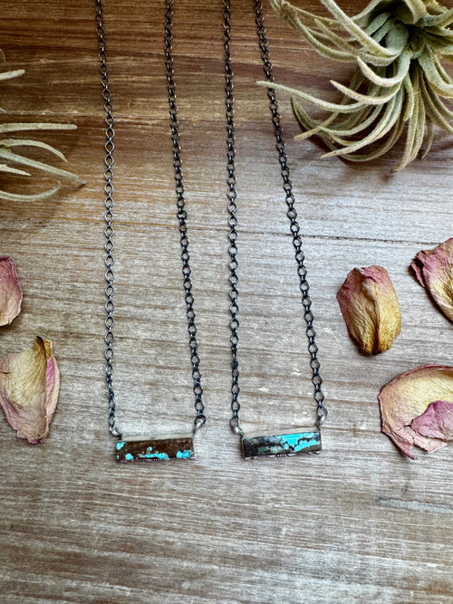 Sterling silver bar necklace with genuine #8 turquoise handmade by Navajo artist Steve Francisco.