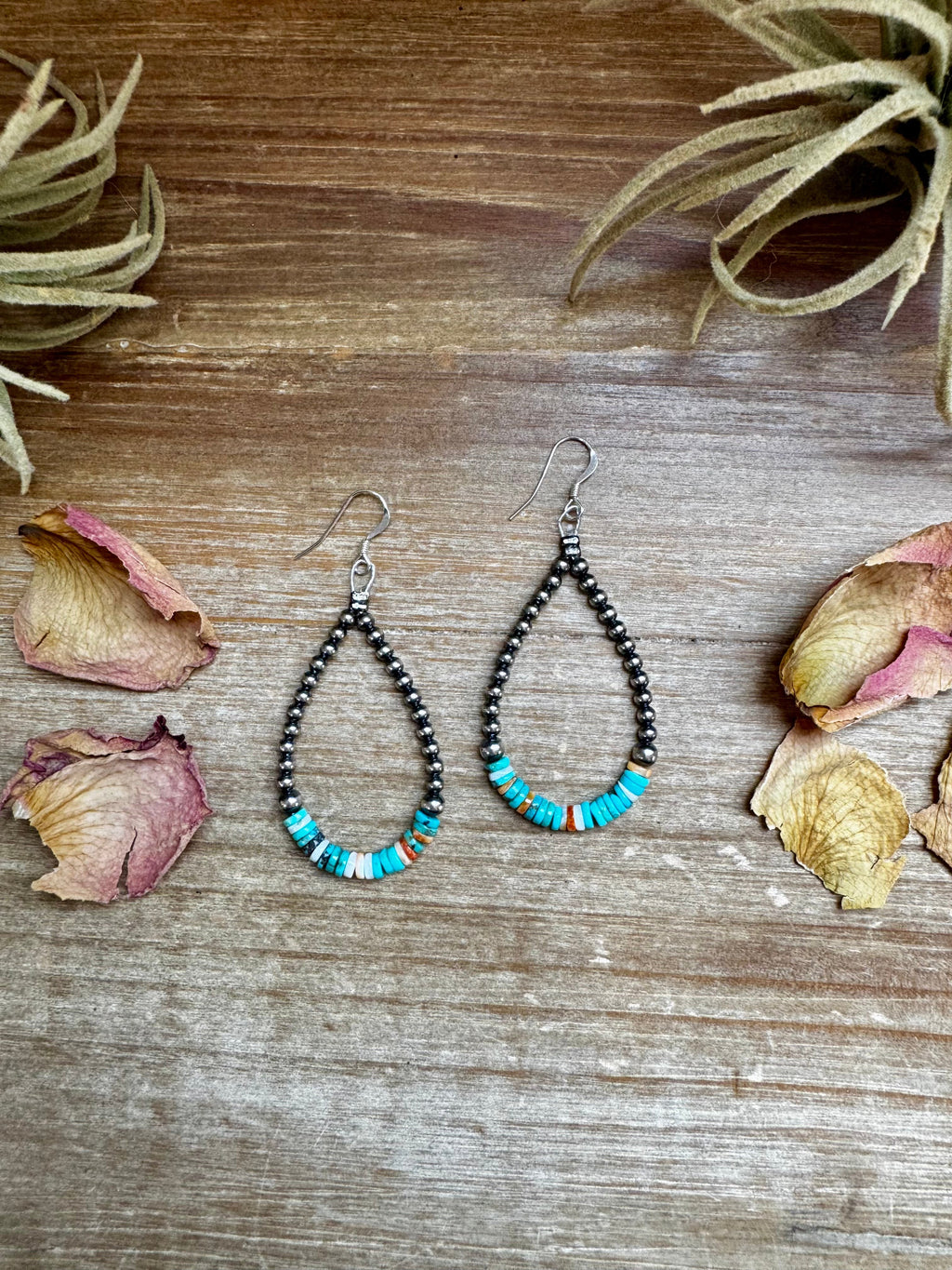 Handmade sterling silver pearl drop earrings with blue turquoise and orange heishi beads perfect for daily wear!