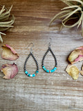 Handmade sterling silver pearl drop earrings with blue turquoise and orange heishi beads perfect for daily wear!