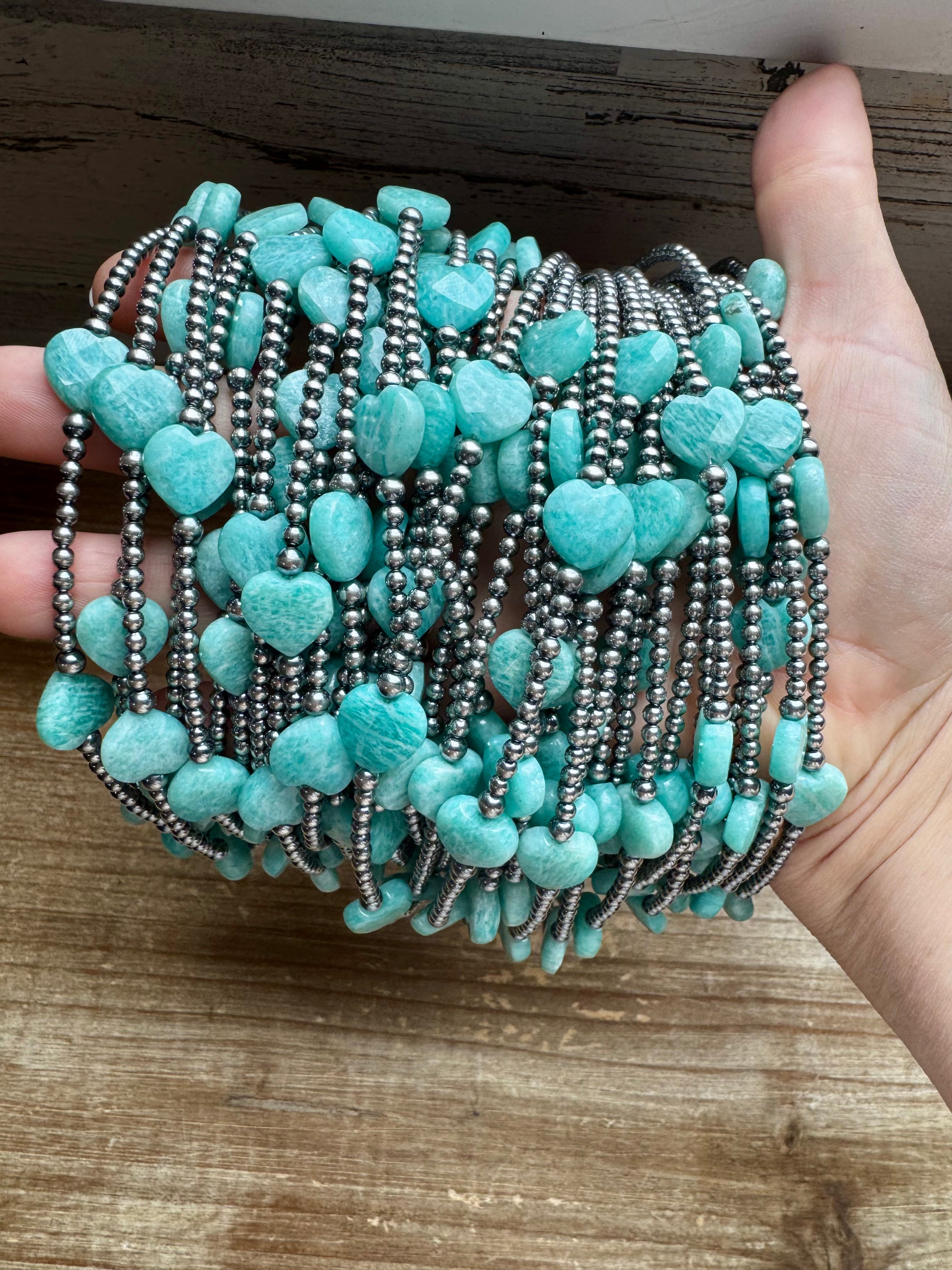 15-Inch Peruvian Amazonite Heart Necklace – 5 Hearts, Handmade with Sterling Silver Pearls