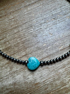 15-Inch Peruvian Amazonite Heart Necklace – 5 Hearts, Handmade with Sterling Silver Pearls
