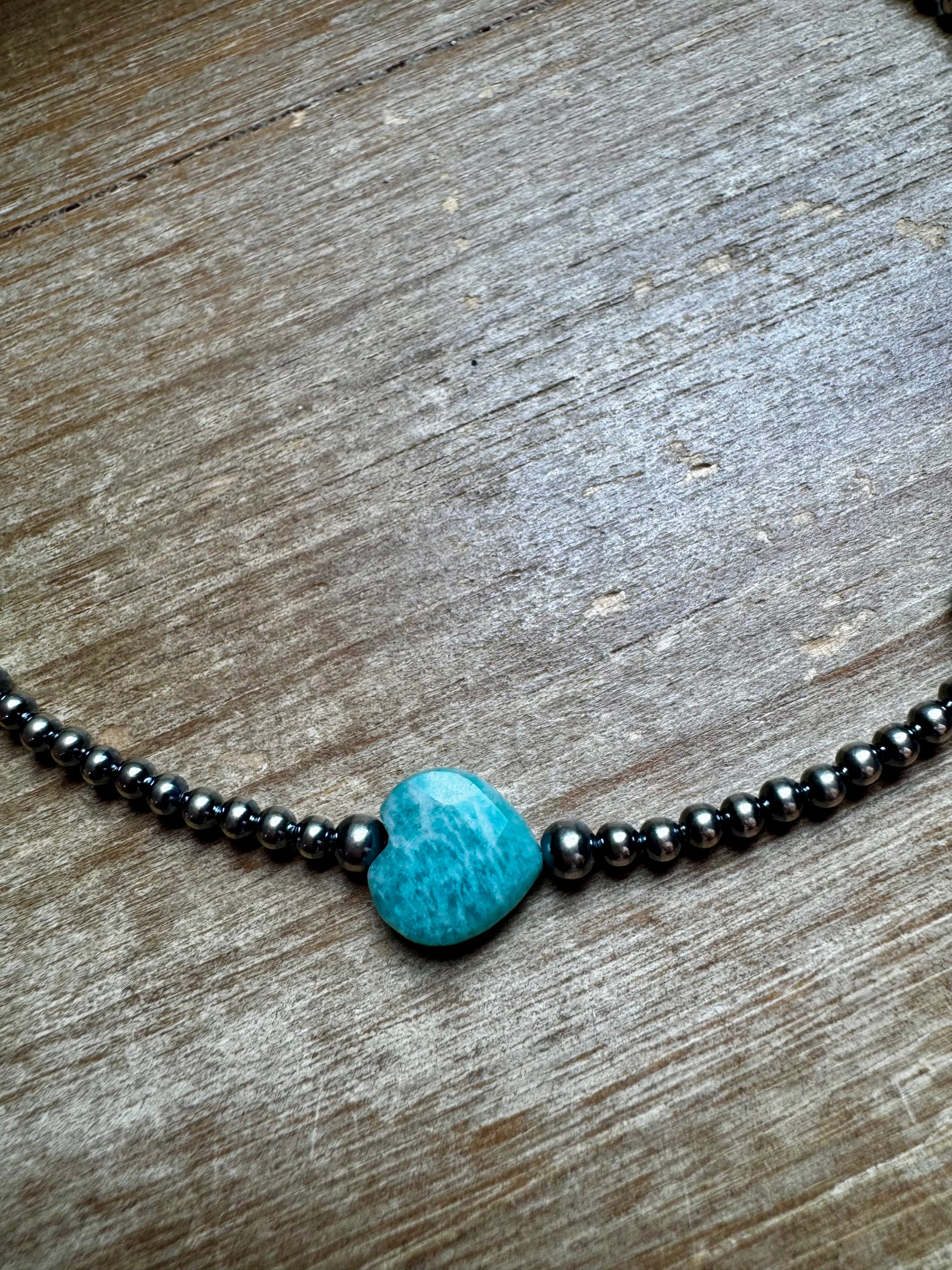15-Inch Peruvian Amazonite Heart Necklace – 5 Hearts, Handmade with Sterling Silver Pearls
