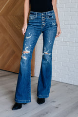 Gabriella Mid Rise Distressed Button Fly Flare Jeans