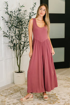 Mauve Wide Leg Jumpsuit – Ribbed Knit Elastic Waist One Piece