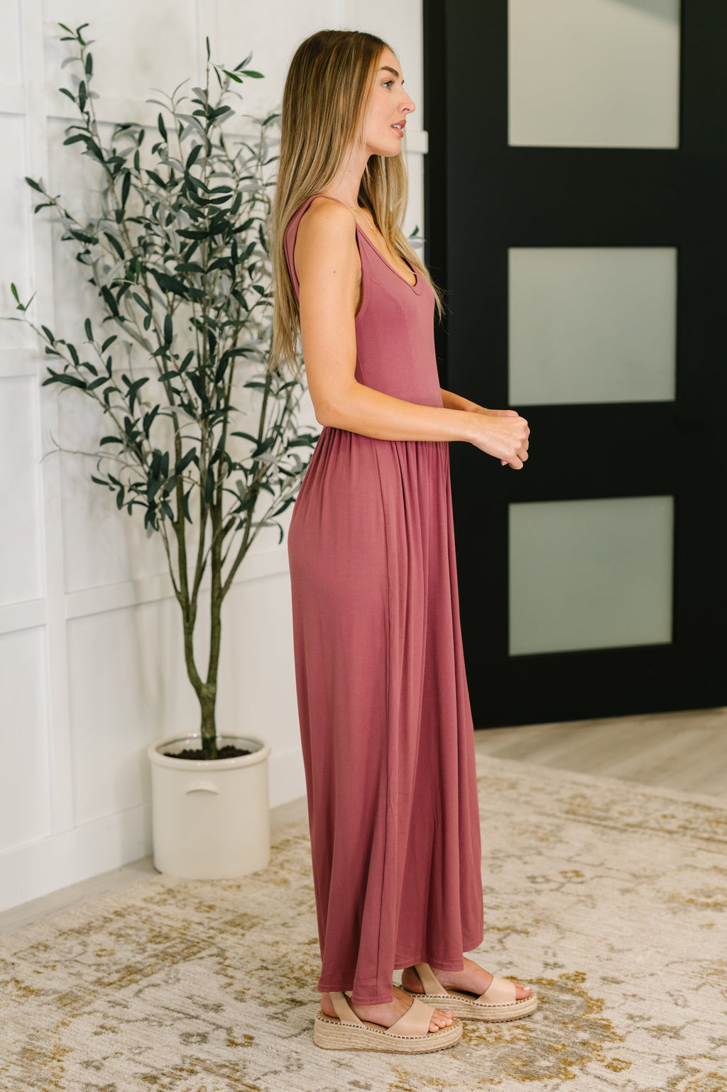 Mauve Wide Leg Jumpsuit – Ribbed Knit Elastic Waist One Piece