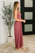 Mauve Wide Leg Jumpsuit – Ribbed Knit Elastic Waist One Piece