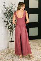 Mauve Wide Leg Jumpsuit – Ribbed Knit Elastic Waist One Piece