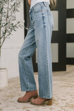 Judy Blue Heather Mid Rise Rigid Magic Straight Jeans – Distressed Hem Denim