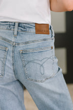Judy Blue Heather Mid Rise Rigid Magic Straight Jeans – Distressed Hem Denim