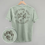 Comfort Colors Just a Girl Who Loves Cats graphic tee with back print design and small front chest logo.