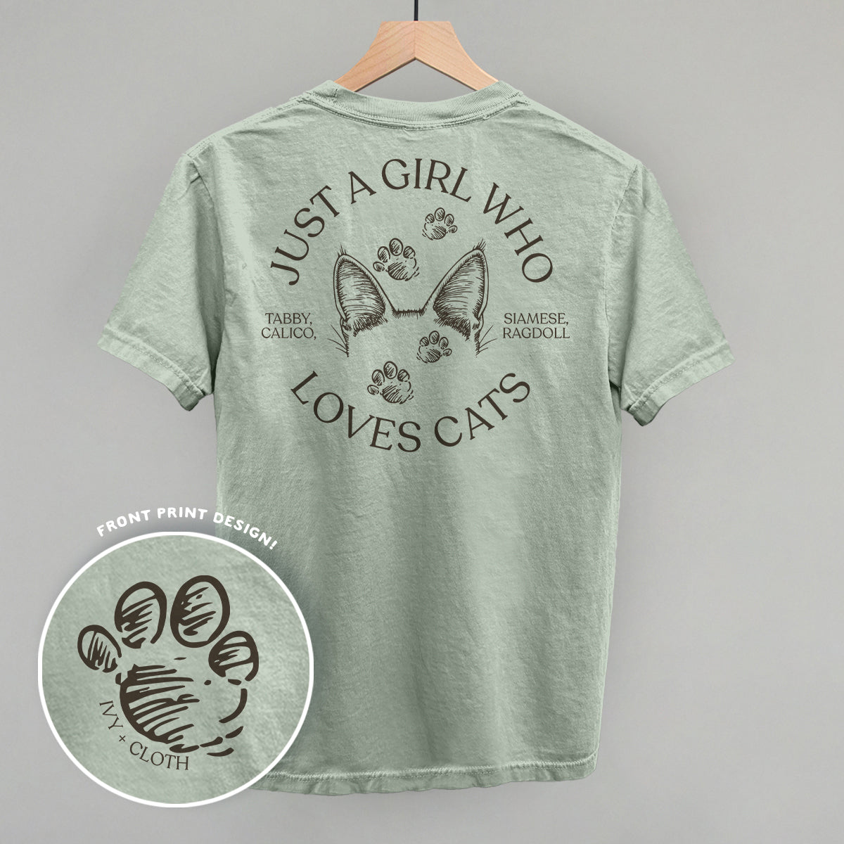 Comfort Colors Just a Girl Who Loves Cats graphic tee with back print design and small front chest logo.