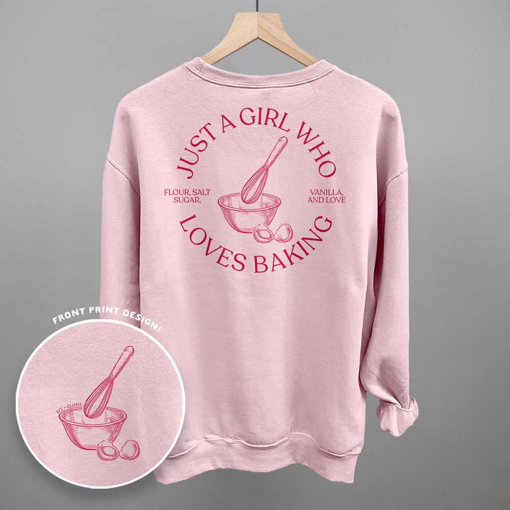 Comfort Colors Just a Girl Who Loves Baking graphic tee with back print design and small front logo for cozy baking lovers.