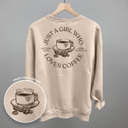 Comfort Colors Just a Girl Who Loves Coffee graphic tee with back print design and small front logo.