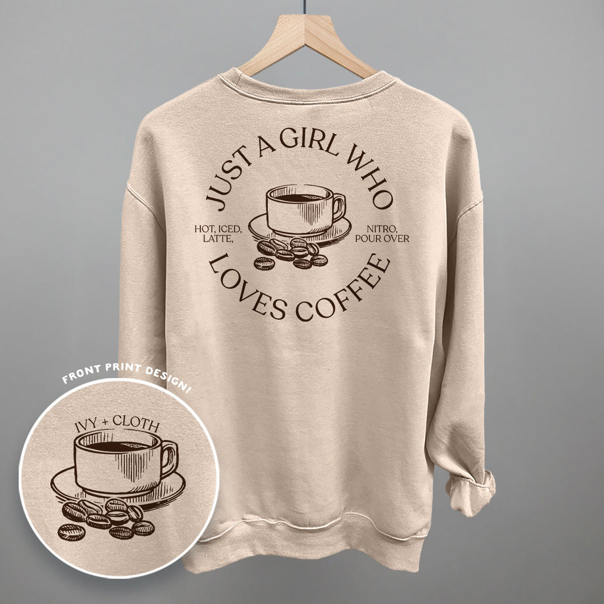 Comfort Colors Just a Girl Who Loves Coffee graphic tee with back print design and small front logo.