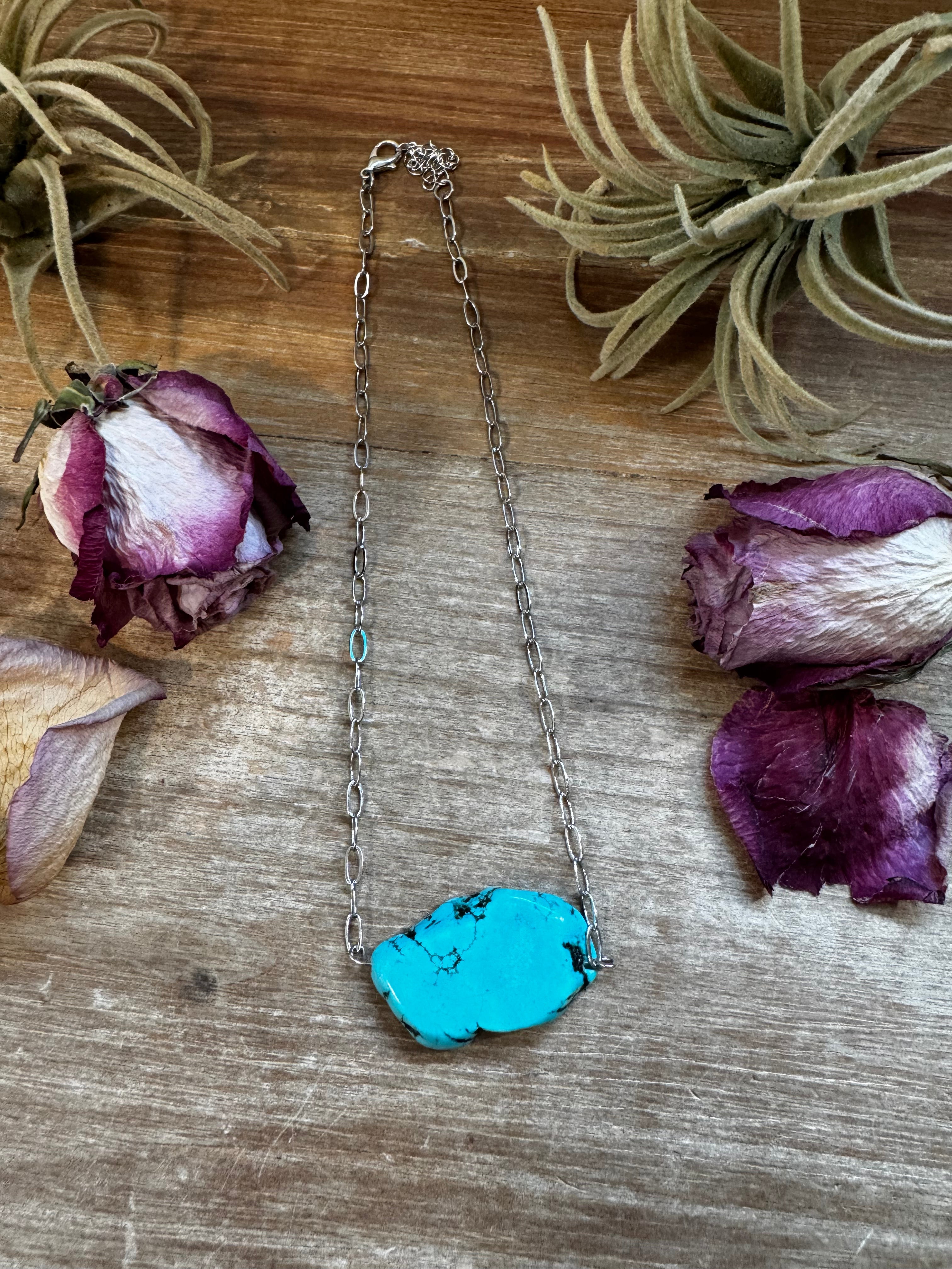 Turquoise magnesite choker necklace on silver paperclip chain, 14 inch adjustable handmade Western jewelry piece