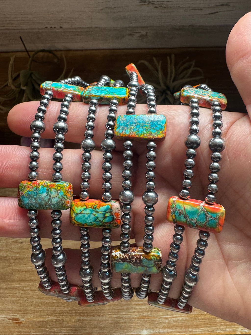 Orange Turquoise Variscite Double Strand Necklace – Sterling Silver Pearls 13” Choker | The Bijoux FAB