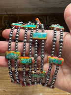 Orange Turquoise Variscite Double Strand Necklace – Sterling Silver Pearls 13” Choker | The Bijoux FAB