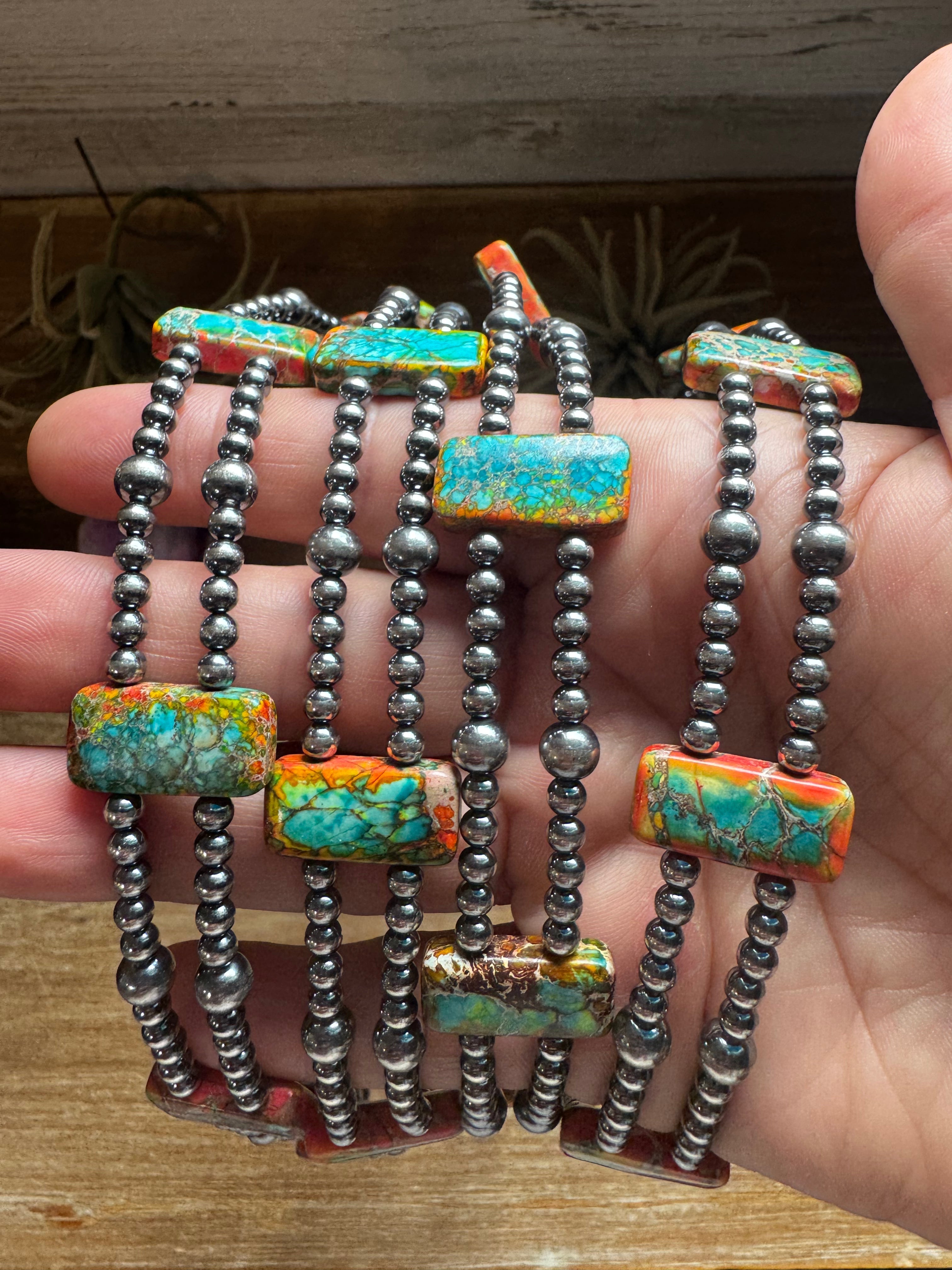 Orange Turquoise Variscite Double Strand Necklace – Sterling Silver Pearls 13” Choker | The Bijoux FAB