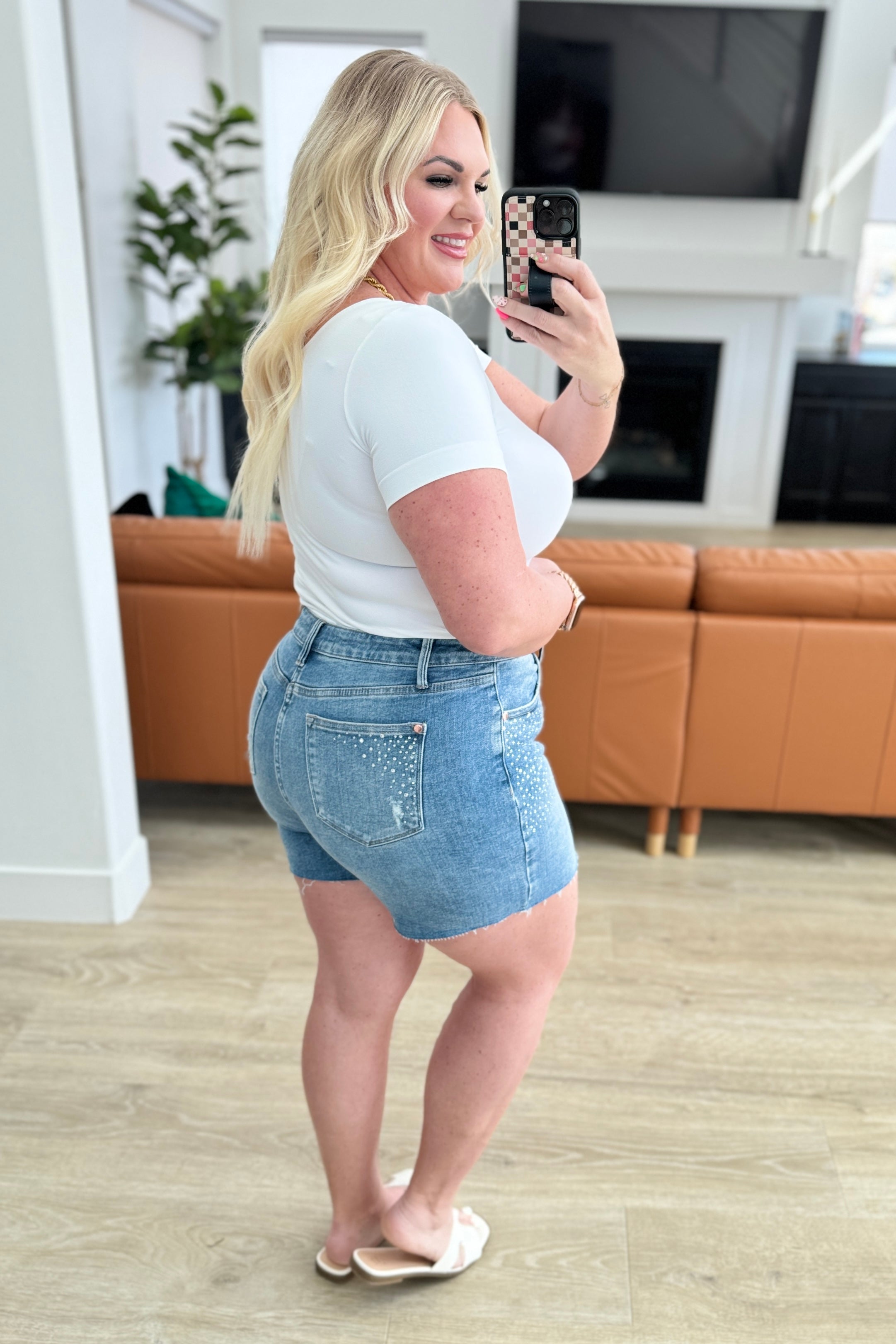 Judy Blue High Rise Rhinestone Cutoff Shorts – Distressed Stretch Denim
