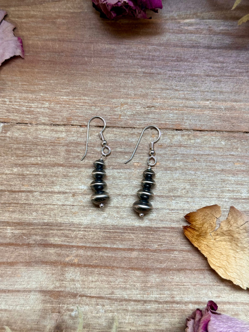 Sterling silver saucer pearl tapered dangle earrings handmade in the USA, classic Western jewelry piece