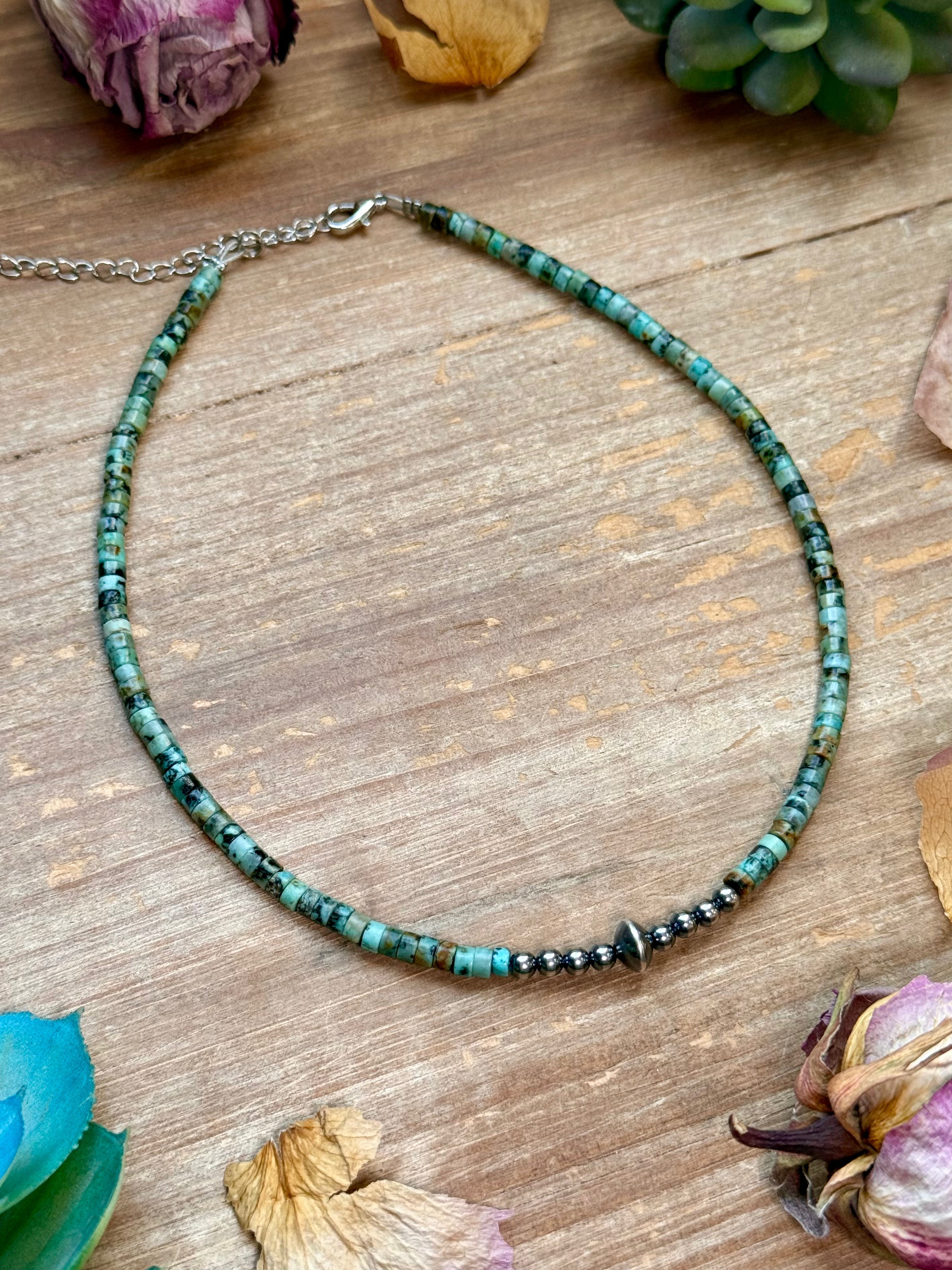 African Turquoise Heishi & Sterling Silver Pearl Necklace – 14”