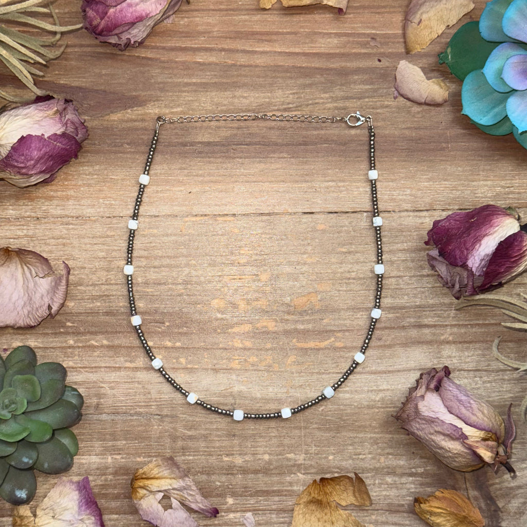 White howlite and glass seed bead choker necklace 14.5 inch adjustable, neutral Western layering jewelry piece