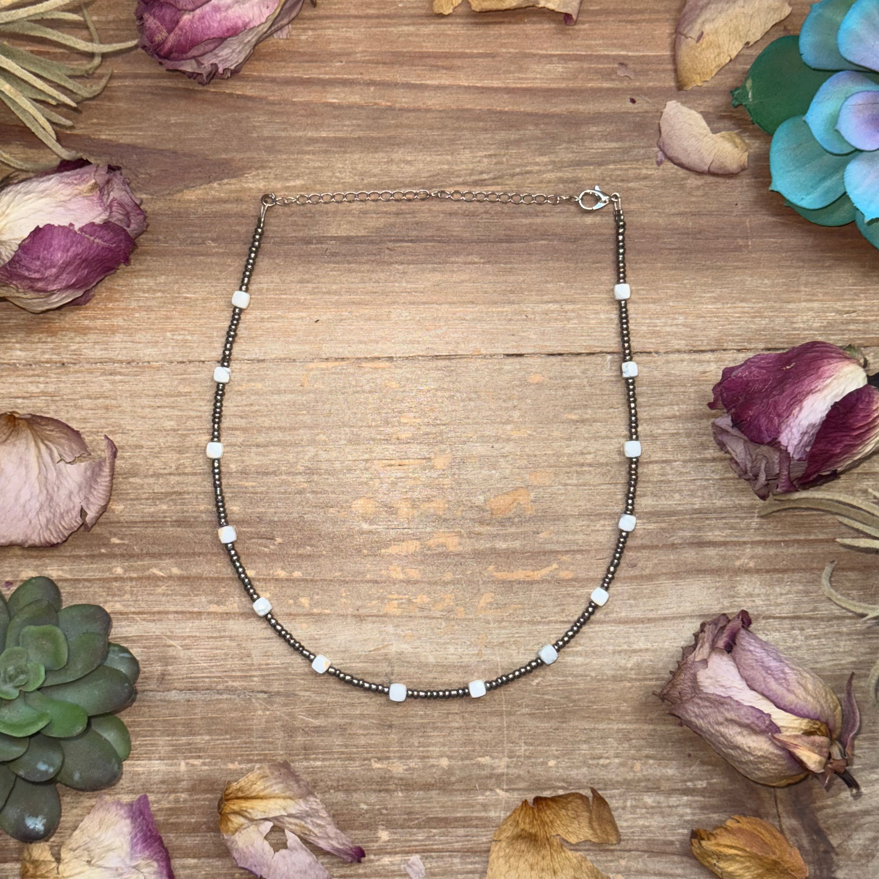 White howlite and glass seed bead choker necklace 14.5 inch adjustable, neutral Western layering jewelry piece
