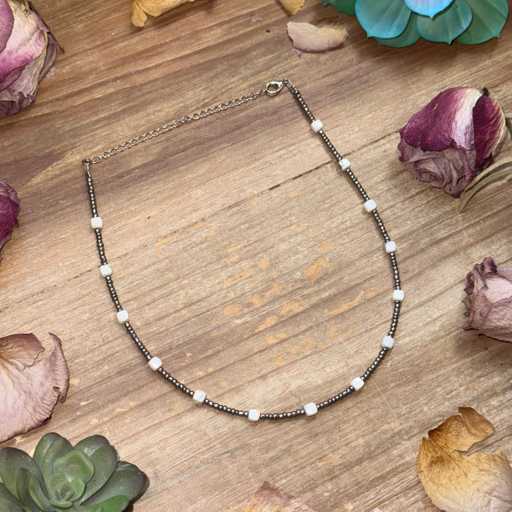 White Howlite Beaded Choker – Glass Seed Beads 14.5” Adjustable | The Bijoux FAB