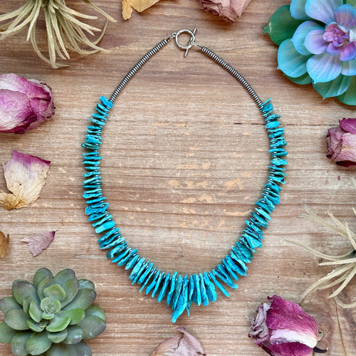 Blue turquoise bead necklace with silver hematite saucers western handmade jewelry by The Bijoux FAB.