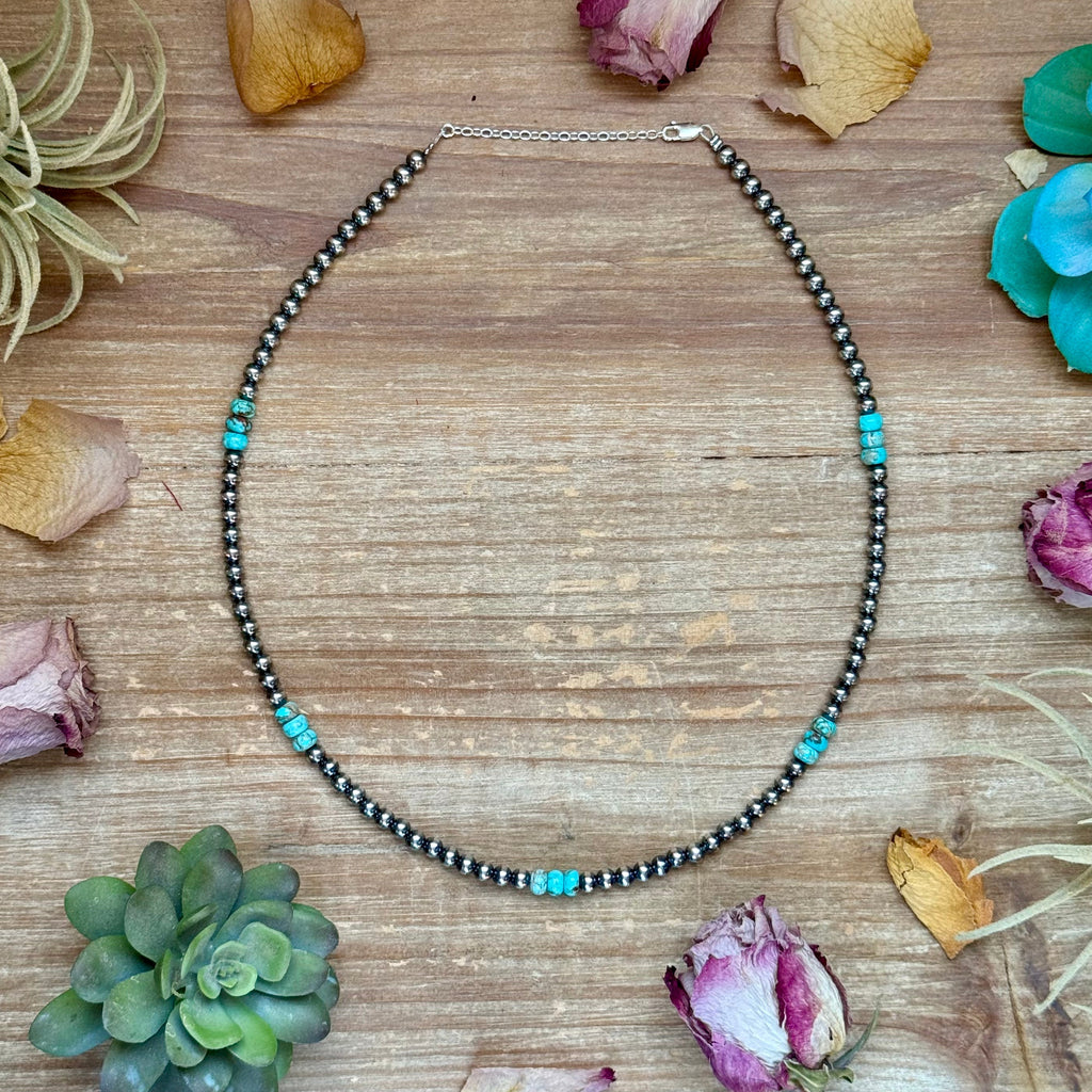 Turquoise and variscite rondelle necklace with sterling silver pearls western handmade jewelry by The Bijoux FAB.