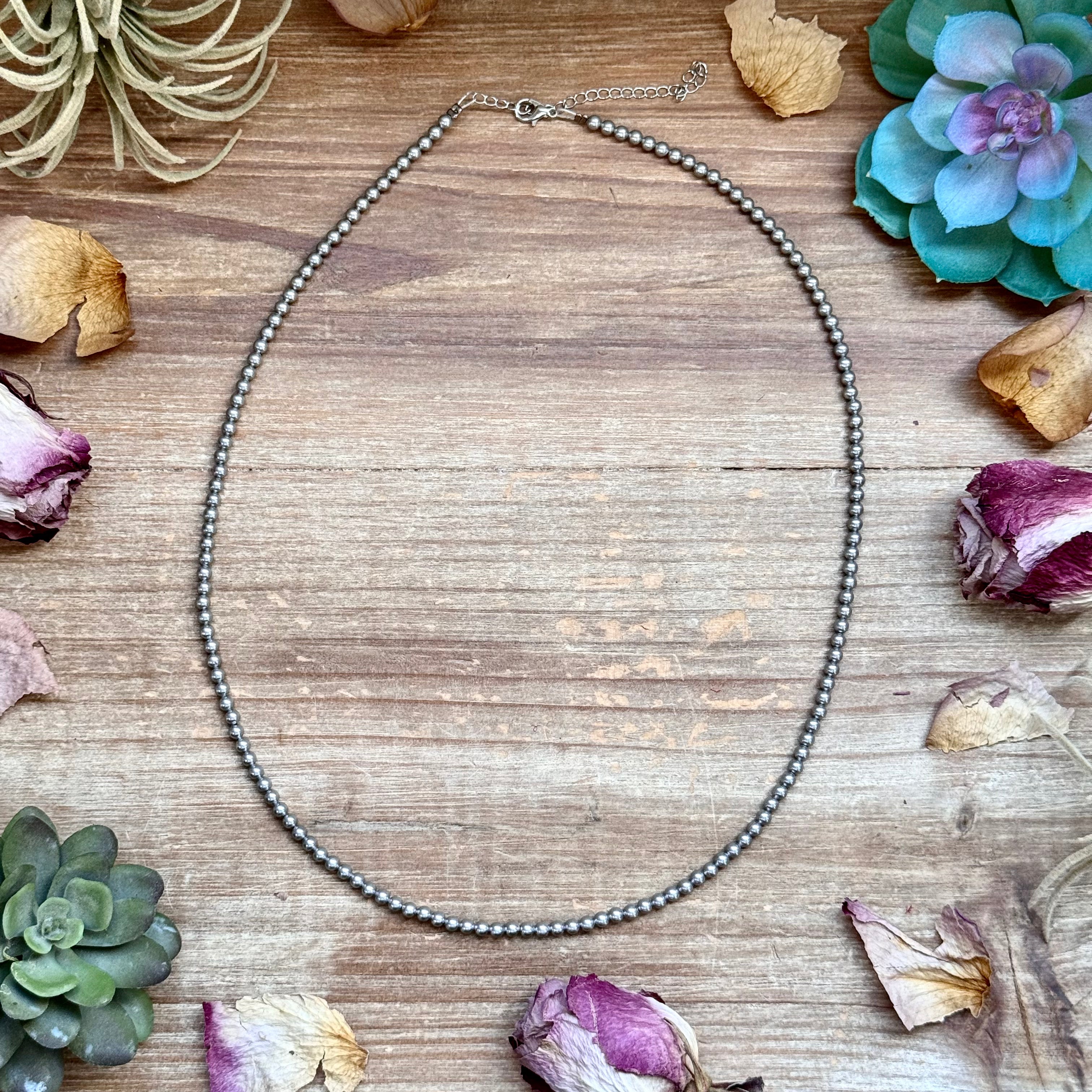 24 inch silver-plated bead necklace with 4 mm beads western handmade jewelry by The Bijoux FAB.