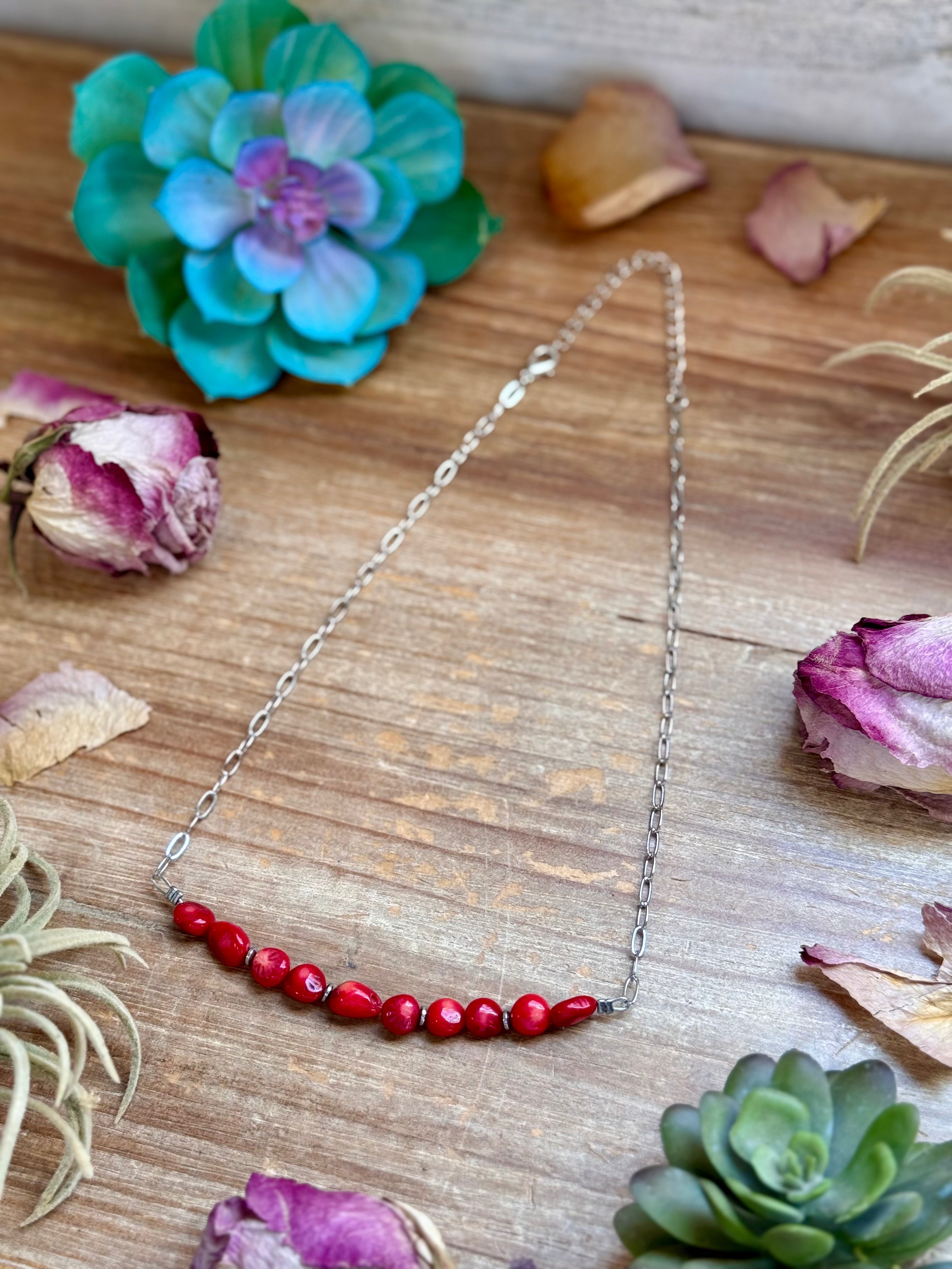 Silver-Plated Paperclip Chain Necklace with Dyed Coral & Hematite – 15” | The Bijoux FAB