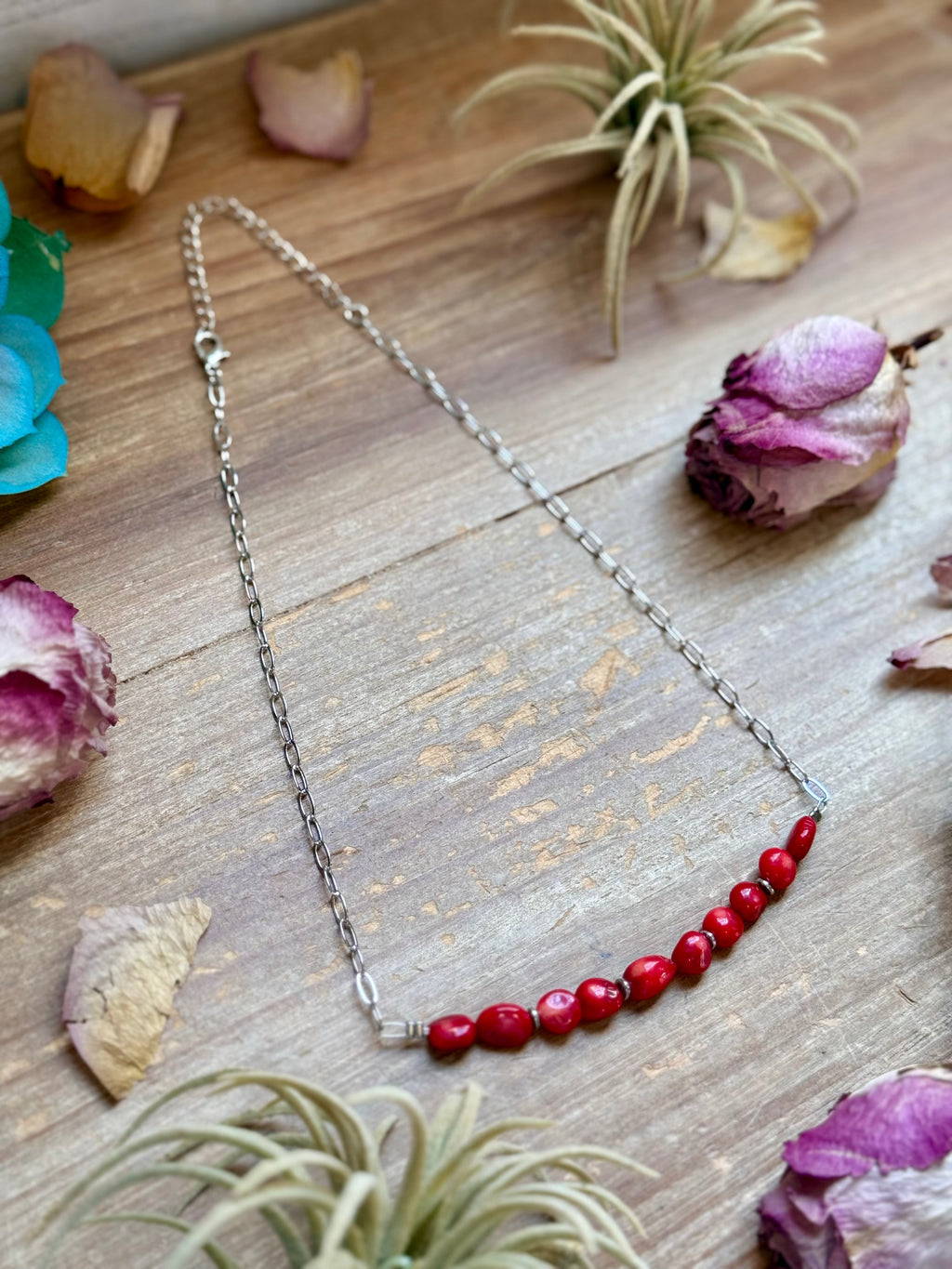 Silver-Plated Paperclip Chain Necklace with Dyed Coral & Hematite – 15” | The Bijoux FAB