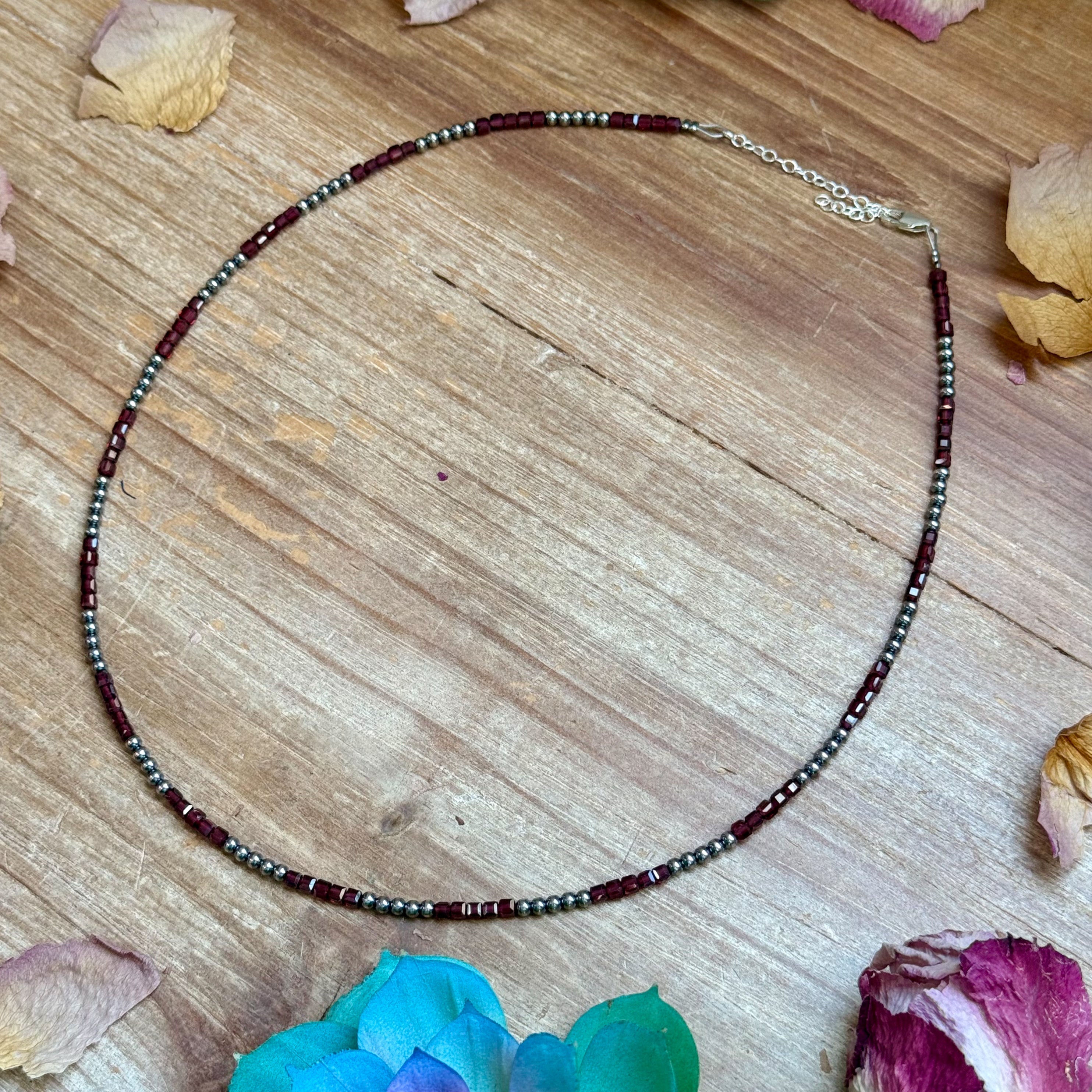 Dark red garnet bead necklace with sterling silver pearls western handmade jewelry by The Bijoux FAB.