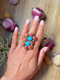Red coral and Kingman turquoise sterling silver adjustable ring handmade in USA, bold Western statement jewelry