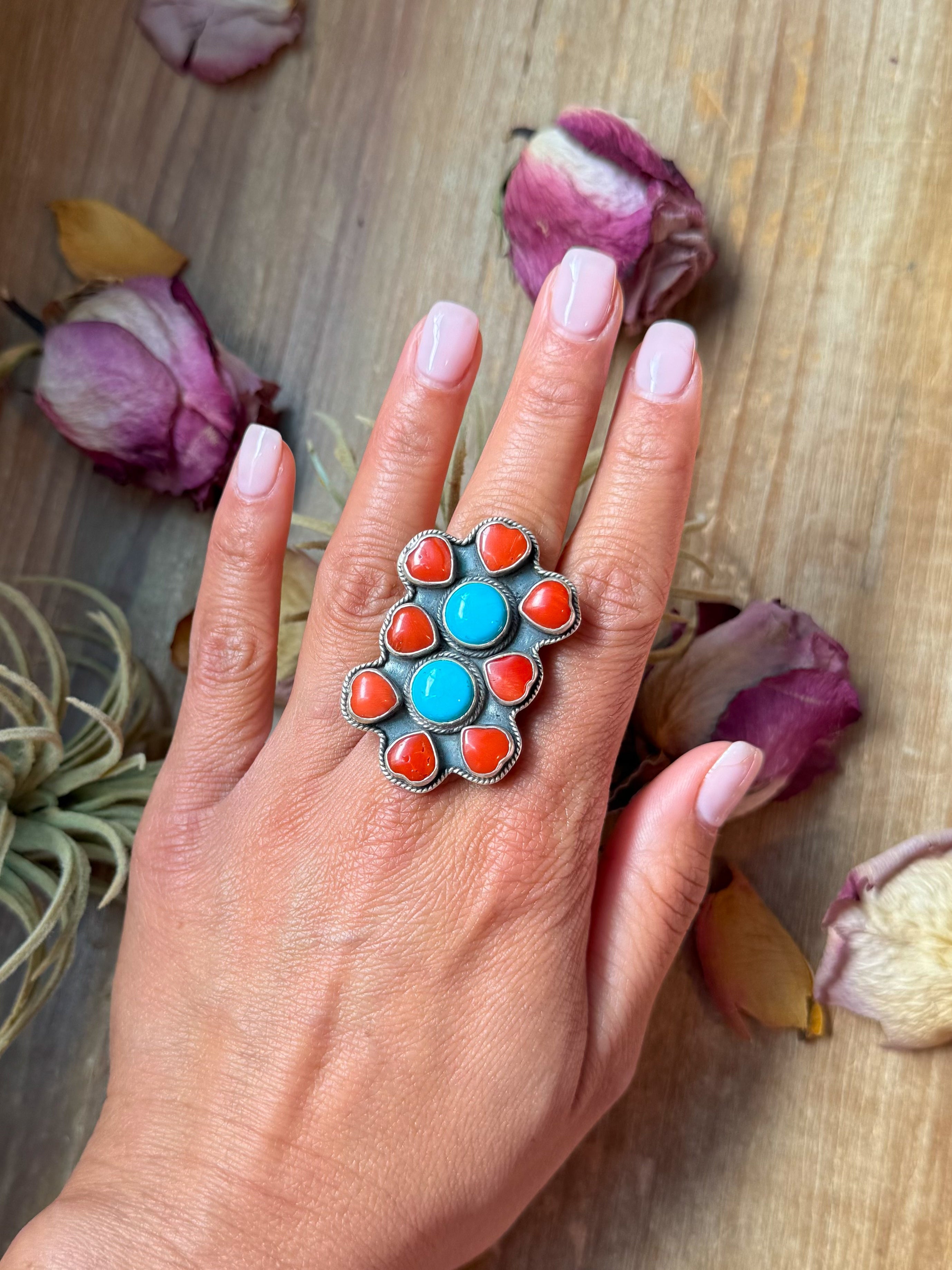 Red coral and Kingman turquoise sterling silver adjustable ring handmade in USA, bold Western statement jewelry