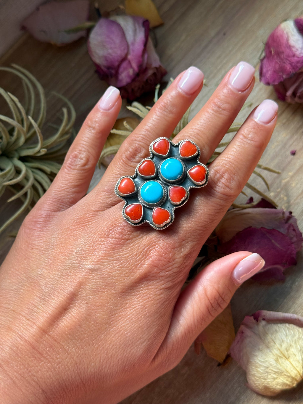 Red Coral & Kingman Turquoise Ring – Sterling Silver Adjustable Southwestern Ring