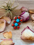 Red Coral & Kingman Turquoise Ring – Sterling Silver Adjustable Southwestern Ring