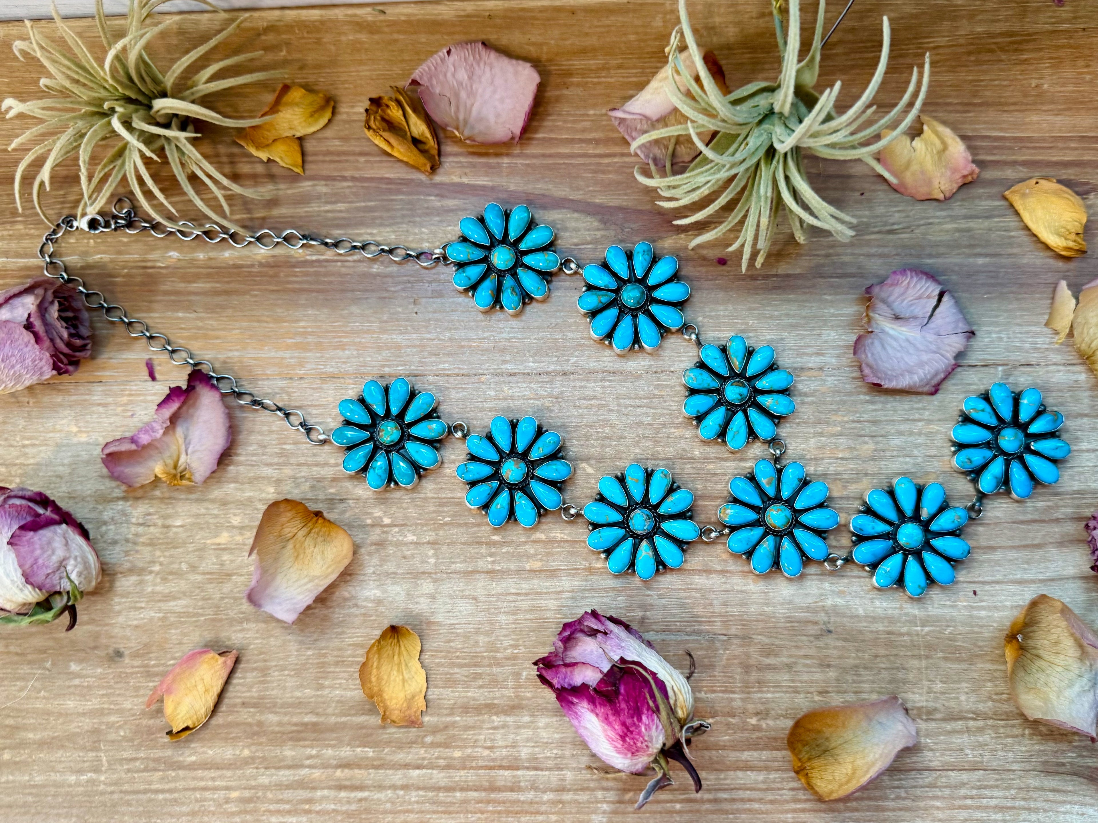 Kingman Turquoise Flower Lariat Necklace – 25” + 5.5” Drop | Native Artist - A. Spencer