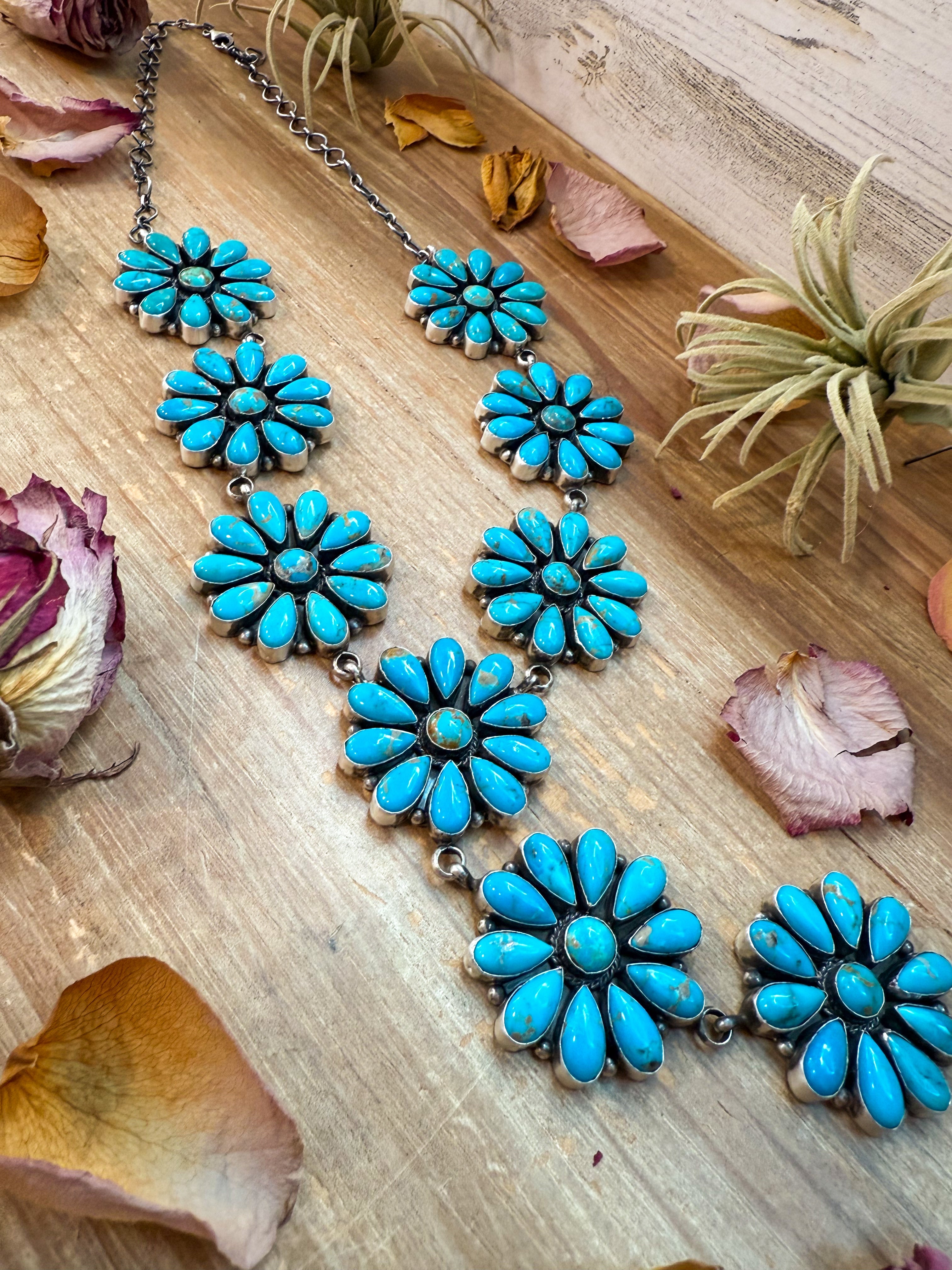 Kingman Turquoise Flower Lariat Necklace – 25” + 5.5” Drop | Native Artist - A. Spencer