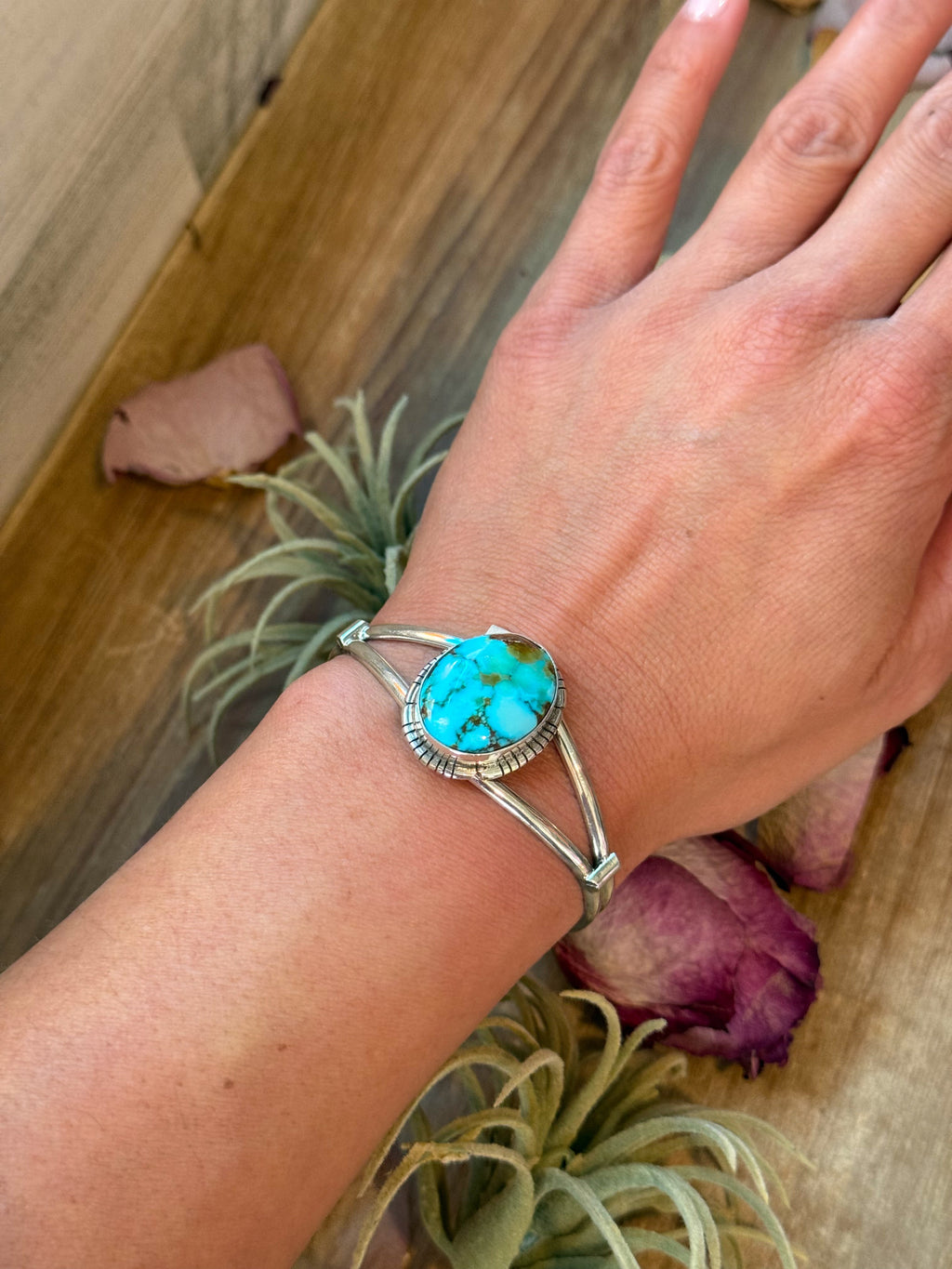 Sterling silver turquoise cuff bracelet with blue stones and natural matrix small wrist friendly handmade USA jewelry.