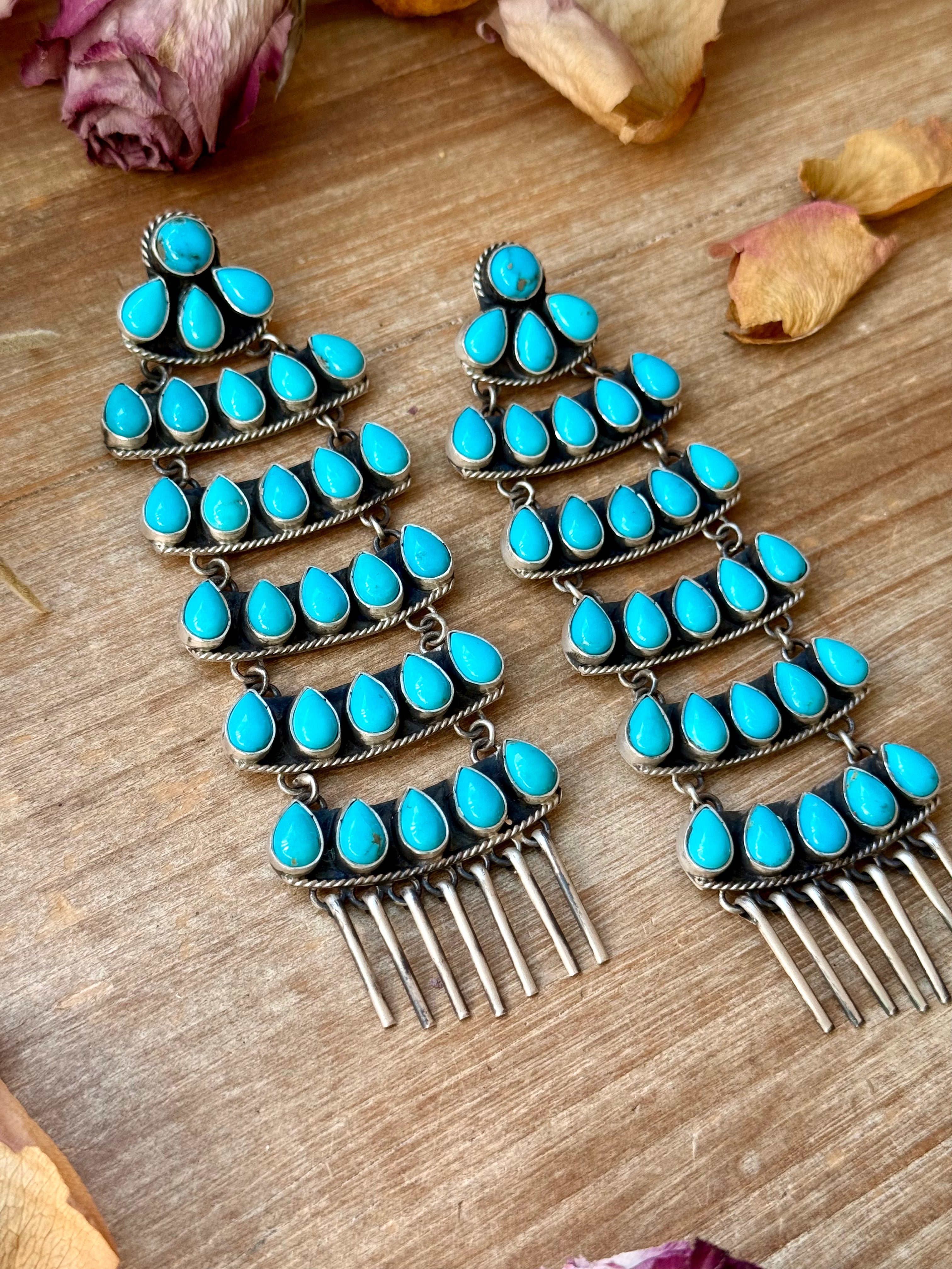 Sterling Silver Kingman Turquoise Dangle Earrings – 5 Inch Statement Design – Native Made by Geraldine James – Navajo Handmade