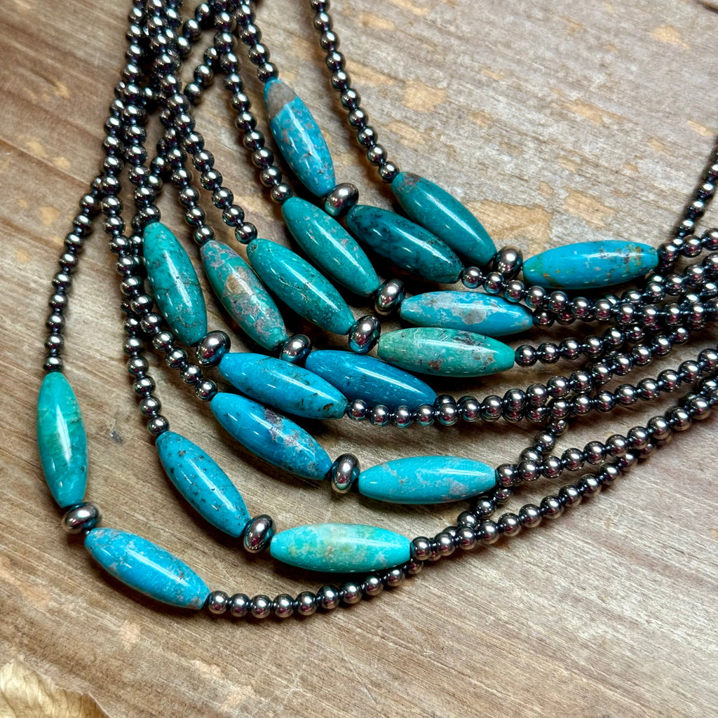 15-Inch Sterling Silver Pearl & Blue Turquoise Torpedo Choker