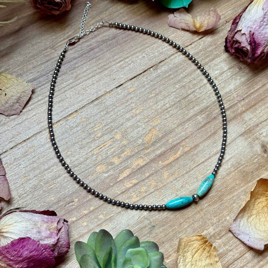 15-Inch Sterling Silver Pearl & Blue Turquoise Torpedo Choker