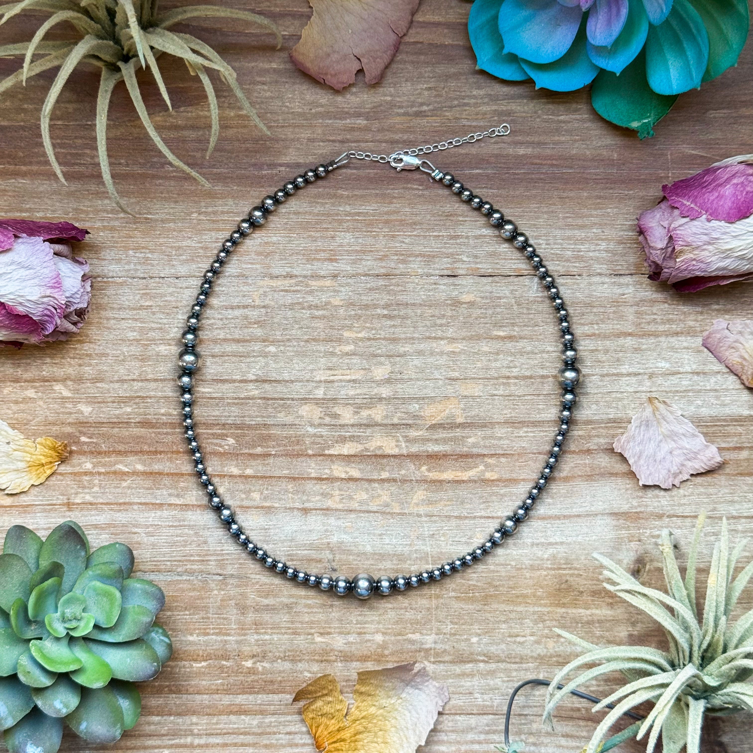 Graduated sterling silver pearl choker necklace with 4mm to 8mm beads and extender chain, 15 inch handmade Western jewelry piece