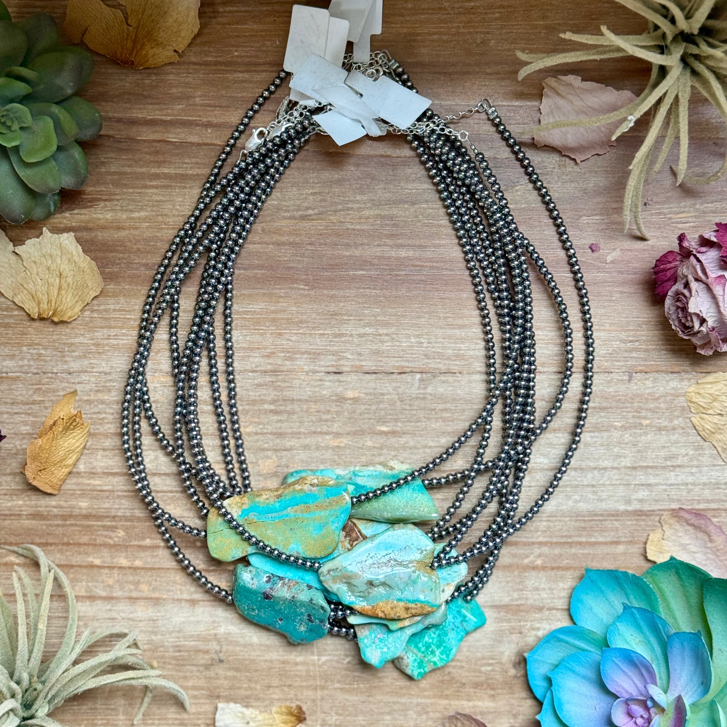 Flat Turquoise Necklace Sterling Silver Beads – 16” | The Bijoux FAB