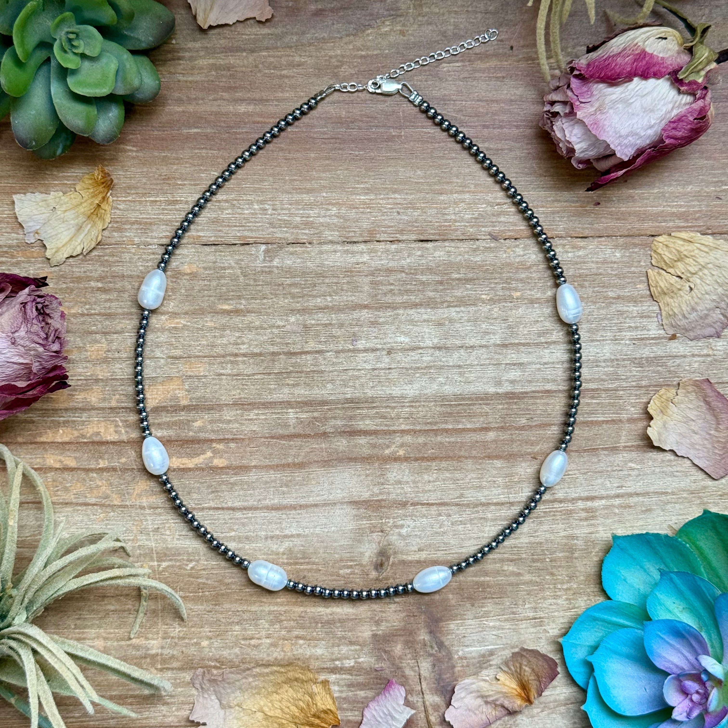 Handmade freshwater pearl necklace with 3mm pearls and sterling silver beads, 16 inch length with extender, elegant everyday jewelry.