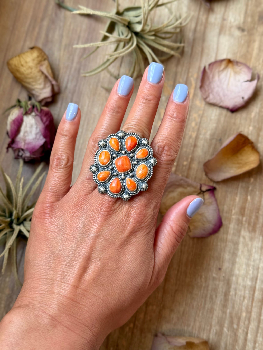 Orange spiny oyster sterling silver mosaic cluster ring size 7.5 by Shay Pfeiffer, bold Western statement piece